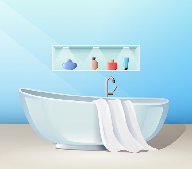 modern bathroom interior with bath and accessories, banner, illustration.