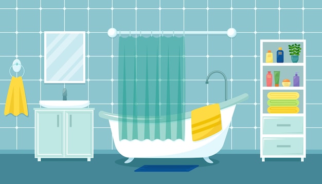 Interno moderno del bagno con vasca, lavabo, specchio e guardaroba, illustrazione vettoriale