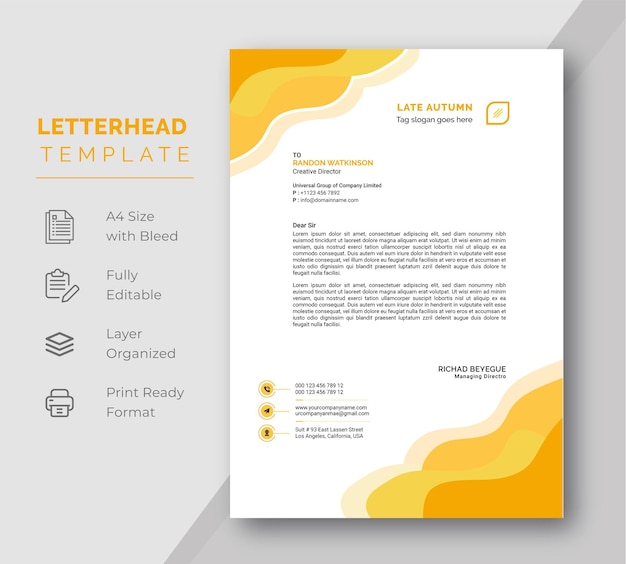Modern bedrijfsbriefpapier met professioneel ontwerp in gele variatie