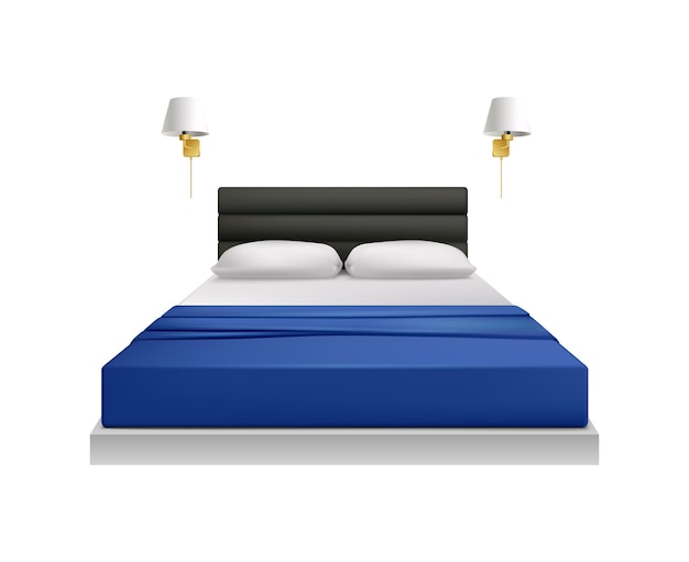 Modern bedroom realistic icon with double bed and two night lights vector illustration
