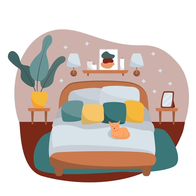 家具のベッドの植物と眠っている小さな猫とモダンなベッドルームフラットベクトルイラスト居心地の良いインテリア漫画スタイル