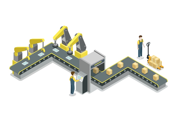 Vector modern belt production line isometric illustration