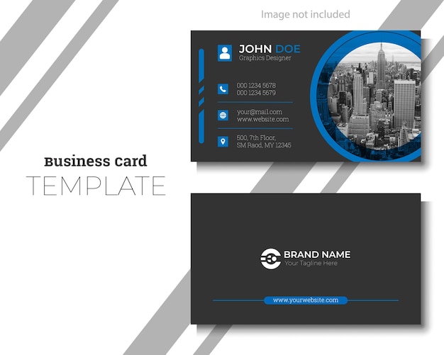 A modern black and blue business card template for a company