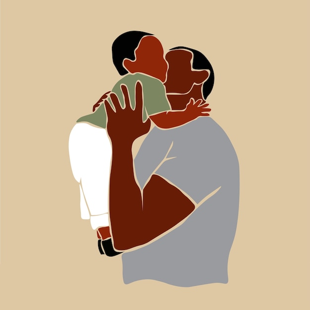 Modern black father carrying baby boy in elegant line art style vector