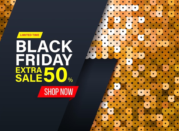 Vettore banner moderno del black friday con effetto tessuto di paillettes dorate per sconti e offerte speciali