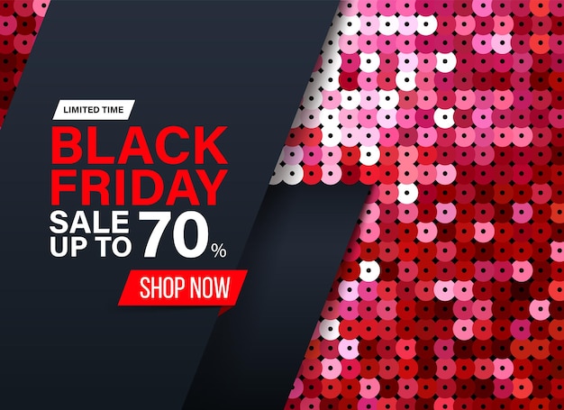 특별 판매 및 할인을 위한 빨간색 스팽글 패브릭 효과가 있는 현대적인 블랙 프라이데이 배너