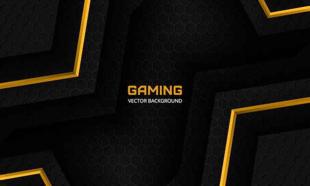 Modern black gaming background with yellow angles hexagon carbon fiber grid and black triangles