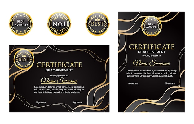 Modern Black Gold Certificate of GraduationTemplate with Gold Badge