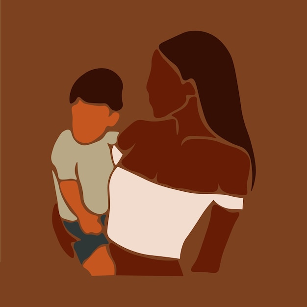 Vector modern black mother carrying baby boy in elegant line art style vector