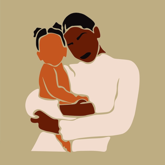Vector modern black mother carrying baby girl in elegant line art style vector