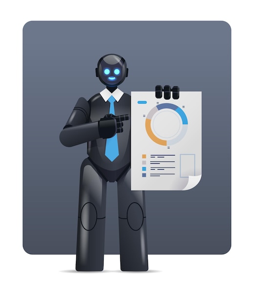 Vector modern black robot analyzing statistics diagram financial data analyzing artificial intelligence technology