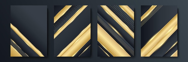 Modern black stripe cover design set. luxury creative gold dynamic diagonal line pattern. formal premium vector background for business brochure, poster, notebook, menu template