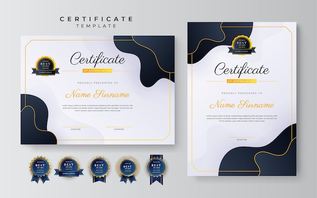 Modello di certificato di successo moderno nero e giallo con badge e bordo per aziende e aziende