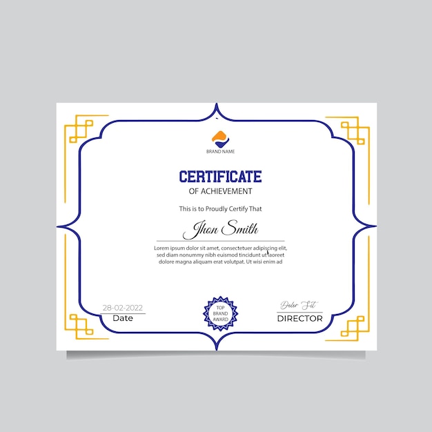 Modern blauw en goud certificaat van prestatie sjabloon