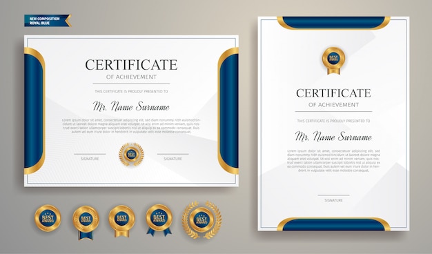 Modern blauw en goud certificaatsjabloon met badge en rand