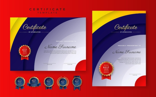 Modern blauw geel certificaat van prestatiegrenssjabloon met luxe badge en modern lijnpatroon Voor zakelijke en onderwijsbehoeften