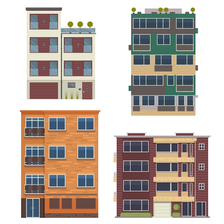 वेक्टर modern block city apartment buildings for town constructor or real estate agency minimalist multistory living houses with balconies vector illustration in flat design bauhaus urban homes set
