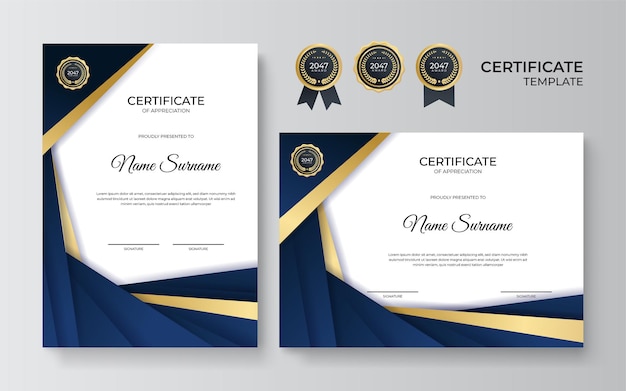 Современный синий и золотой шаблон сертификата. шаблон границы диплома сертификата с значками для награды, бизнеса и образования