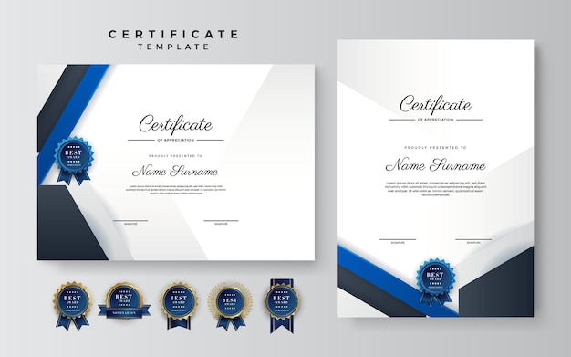 Modern blue and black certificate of achievement template with gold badge and border