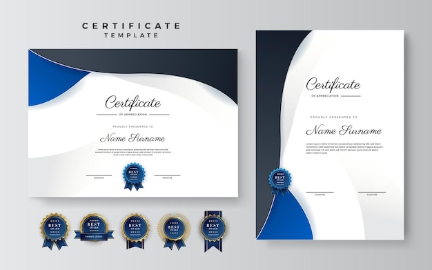 Modern blue and black certificate of achievement template with gold badge and border