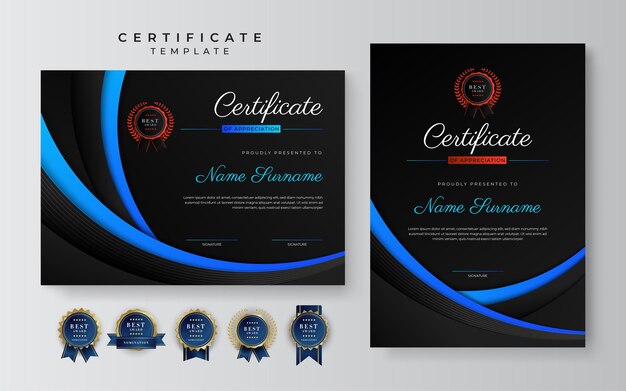 Modello blu moderno del premio del certificato di conseguimento con badge e bordo per aziende e aziende