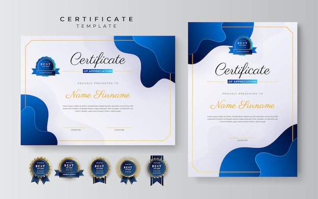 Modern blue certificate of achievement award template with badge and border for business and corporate