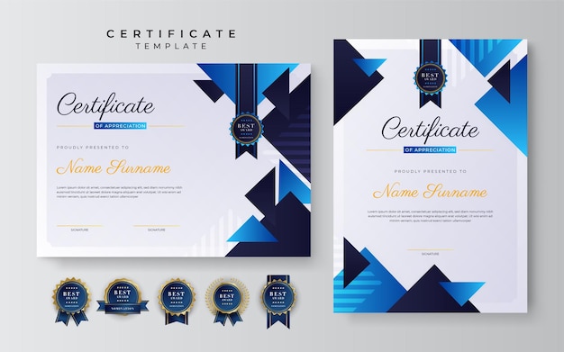 Modern blue certificate of achievement award template with badge and border for business and corporate