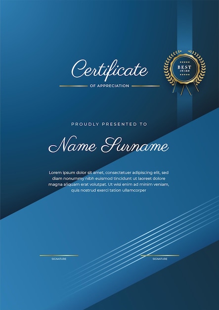 Modern blue certificate template of achievement