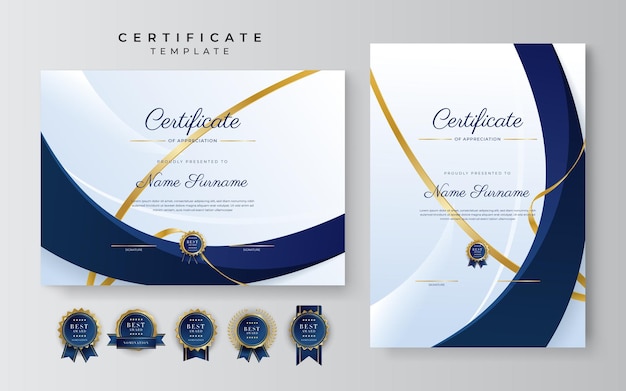 Modern blue certificate template and border for award diploma honor achievement graduation and printing