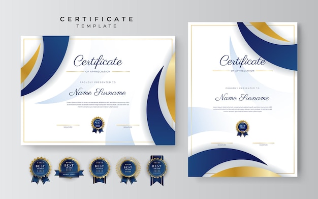 Modern blue certificate template and border for award diploma honor achievement graduation and printing