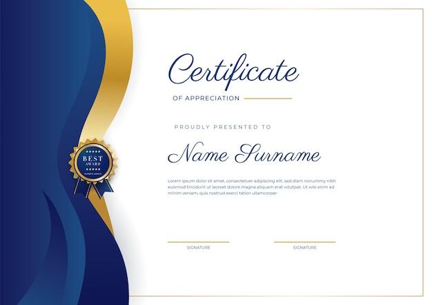 Modern blue certificate template and border for award diploma honor achievement graduation and printing