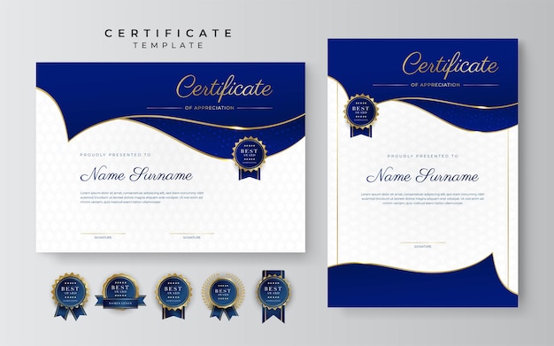 Modello di certificato blu moderno e bordo per la laurea e la stampa del diploma di premiazione