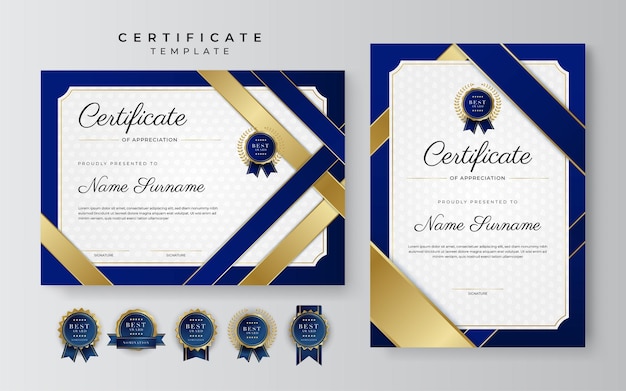 Modello di certificato blu moderno e bordo per la laurea e la stampa del diploma di premiazione