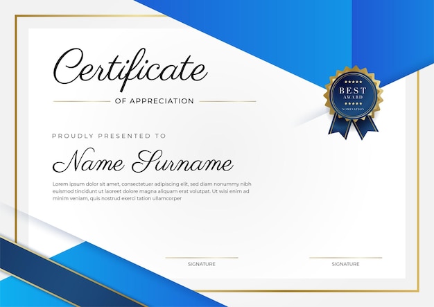 Modern blue certificate template and border for award diploma honor achievement graduation and printing