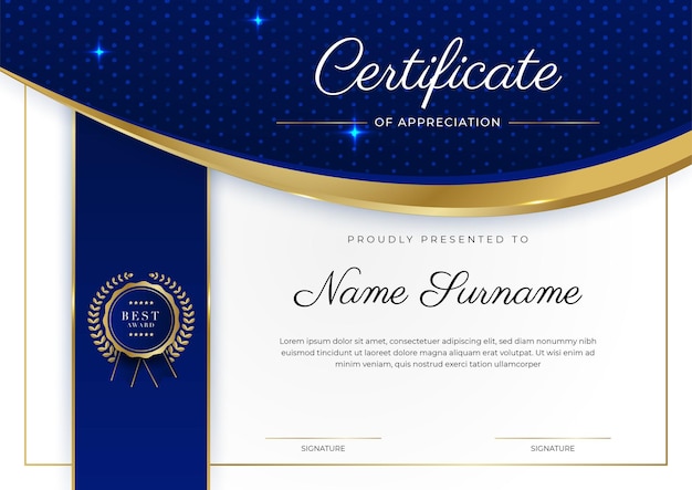 Modern blue certificate template and border for award diploma honor achievement graduation and printing