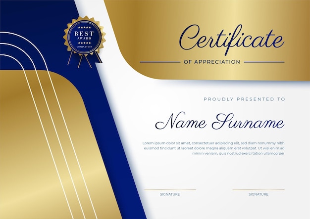 Modern blue certificate template and border for award diploma honor achievement graduation and printing