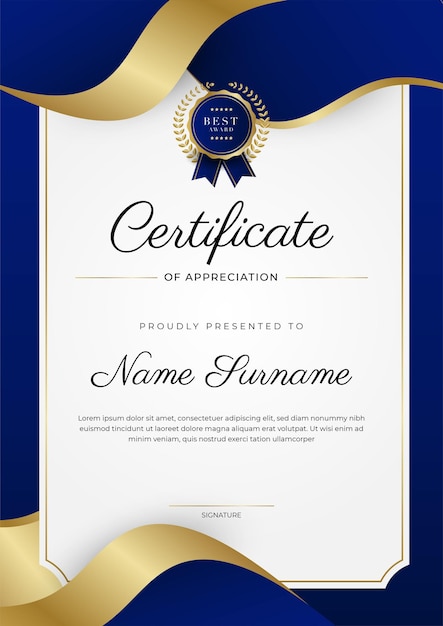 Vector modern blue certificate template and border for award diploma honor achievement graduation and printing