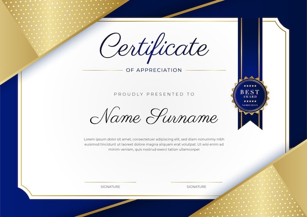 Vector modern blue certificate template and border for award diploma honor achievement graduation and printing