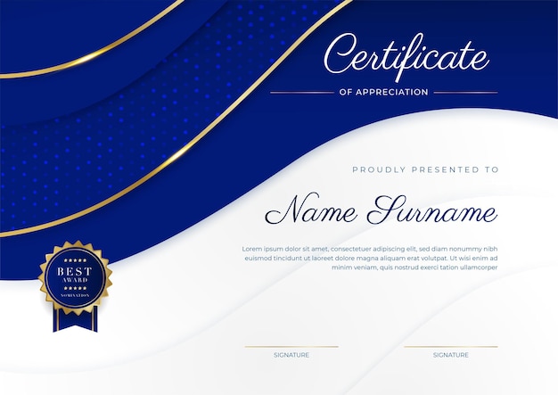 Modern blue certificate template and border for award diploma honor achievement graduation and printing