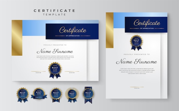 Modern blue certificate template and border for award diploma honor achievement graduation and printing