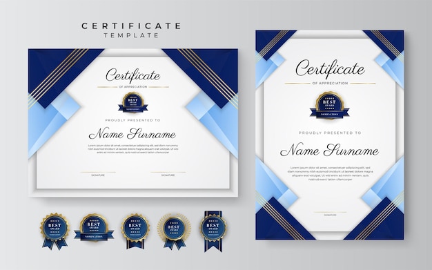 Modern blue certificate template and border for award diploma honor achievement graduation and printing