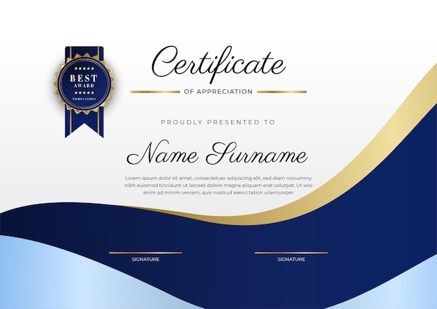 Modern blue certificate template and border for award diploma honor achievement graduation and printing