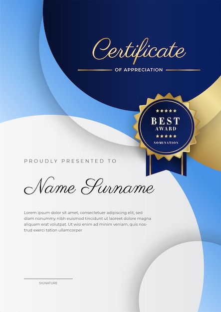 Modern blue certificate template and border for award diploma honor achievement graduation and printing