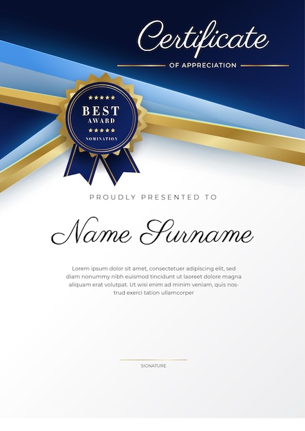 Vector modern blue certificate template and border for award diploma honor achievement graduation and printing