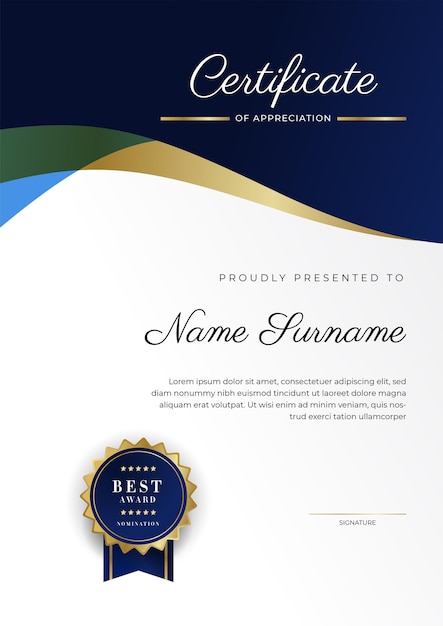 Modern blue certificate template and border for award diploma honor achievement graduation and printing