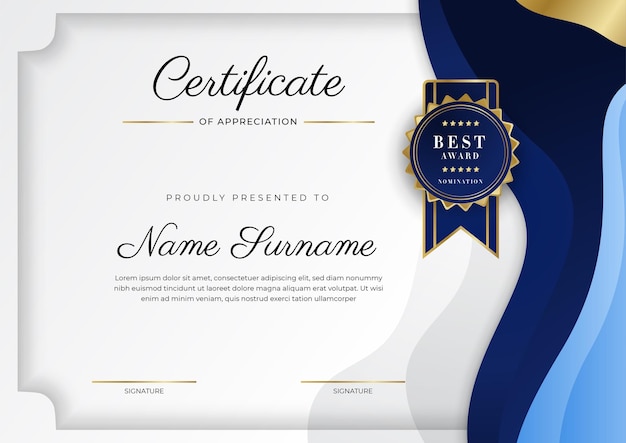 Modern blue certificate template and border for award diploma honor achievement graduation and printing