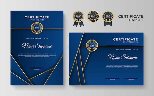 Modern blue certificate template and border for award diploma and printing Blue and gold elegant certificate of achievement template with gold badge and border