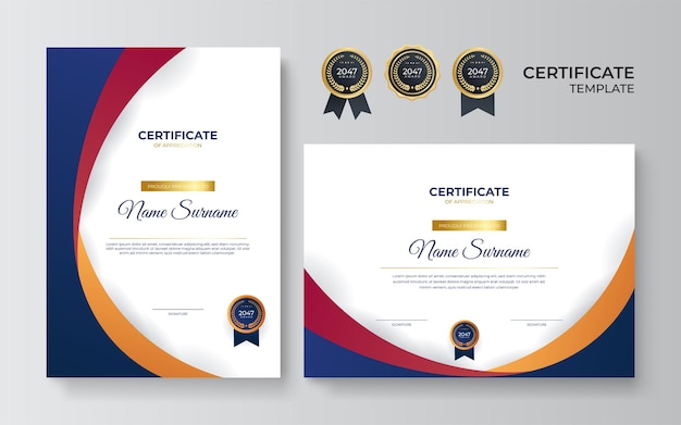 Modello di certificato blu moderno e bordo per diploma premio e stampa modello di progettazione certificato blu rosso arancio per dipendenti moderno