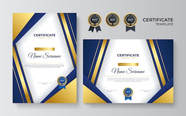 Modello di certificato blu moderno e bordo per diploma premio e stampa modello di progettazione certificato blu dorato professionale