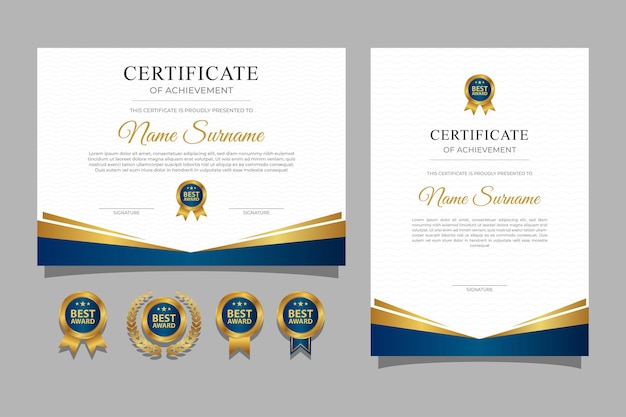 Modern blue and gold certificate of achievement template with badge